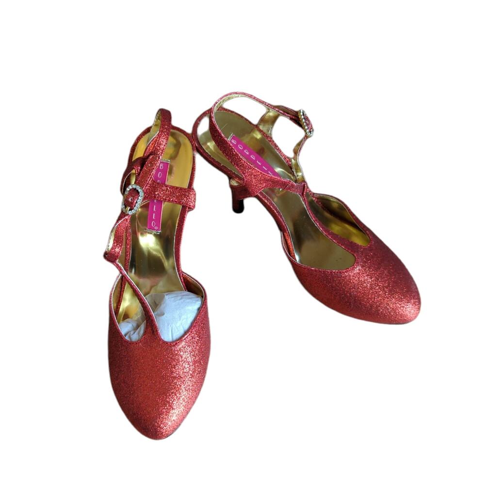 NWT Bordello Violette 12G T-Strap Ruby Red Glitter Heels Burlesque Dance Pinup 8